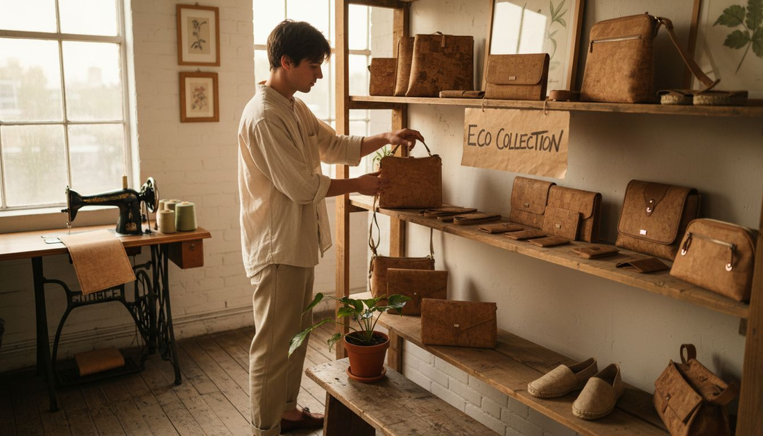 Designer arranging cork fashion accessories display