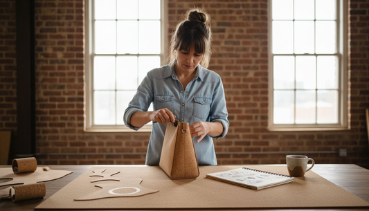 Designer creating cork handbag at studio bench