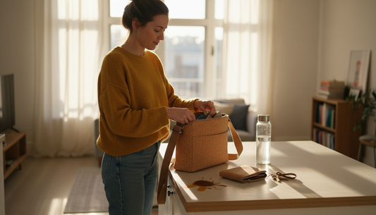 Woman with cork bag in kitchen