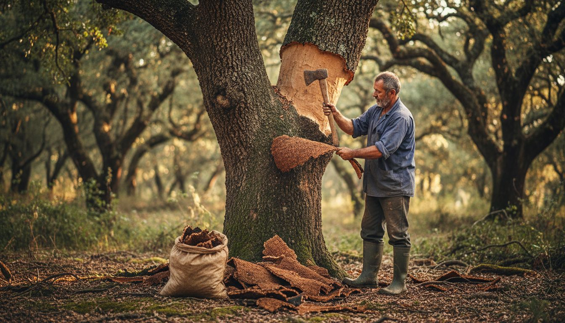 Harvester collecting cork in oak forest