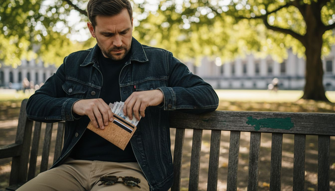 Man with cork wallet in city park setting