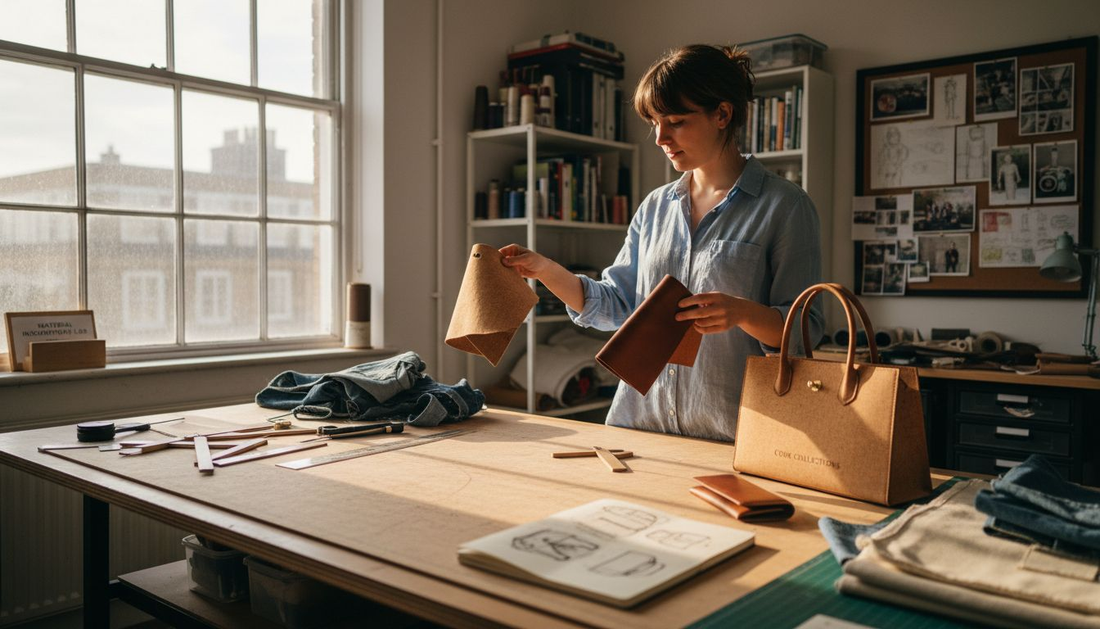 Designer comparing cork and leather swatches