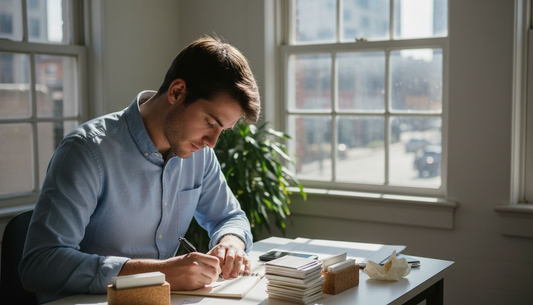 Professional examining cork card holder at desk