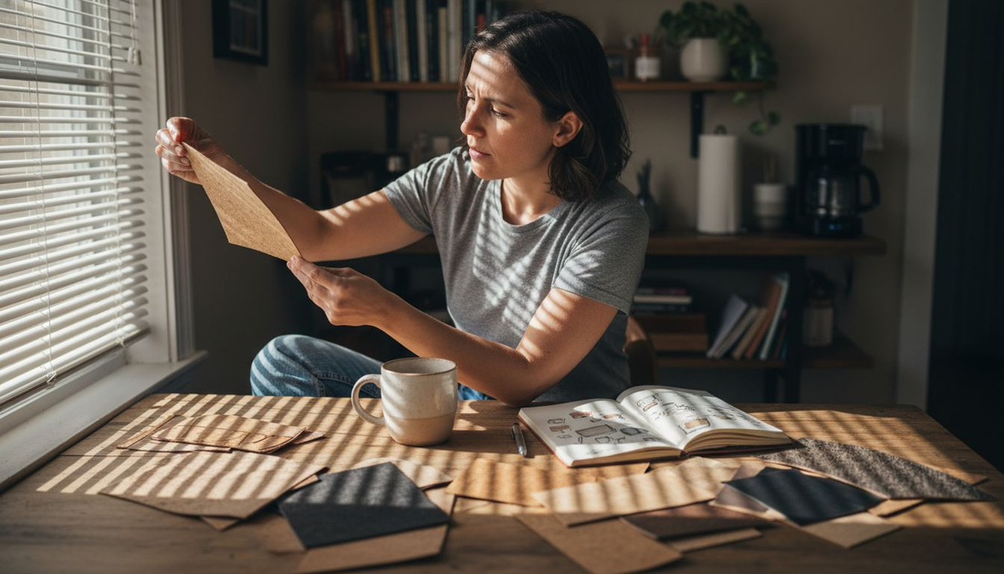 Woman closely inspects cork leather sample