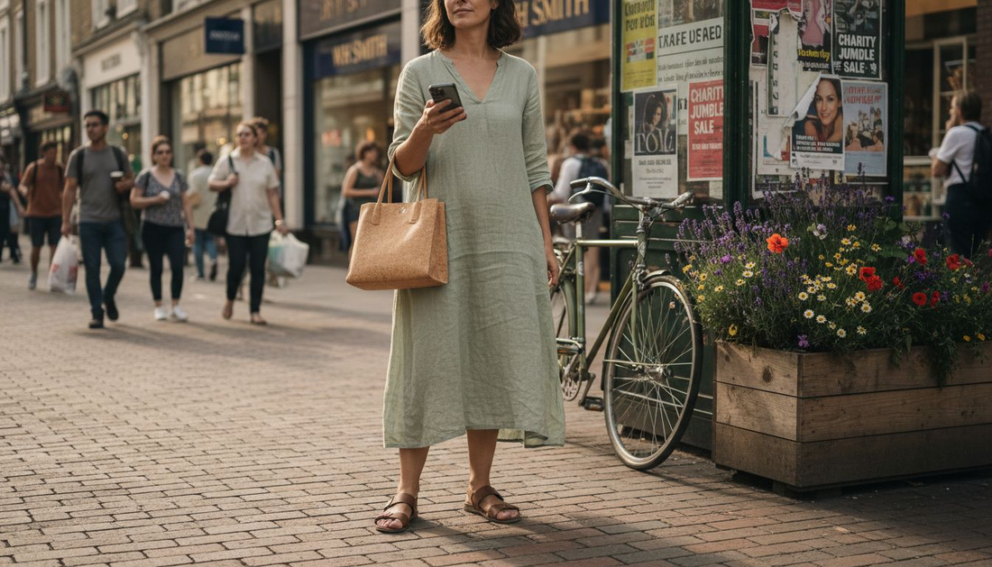 Eco-conscious woman with cork handbag in city