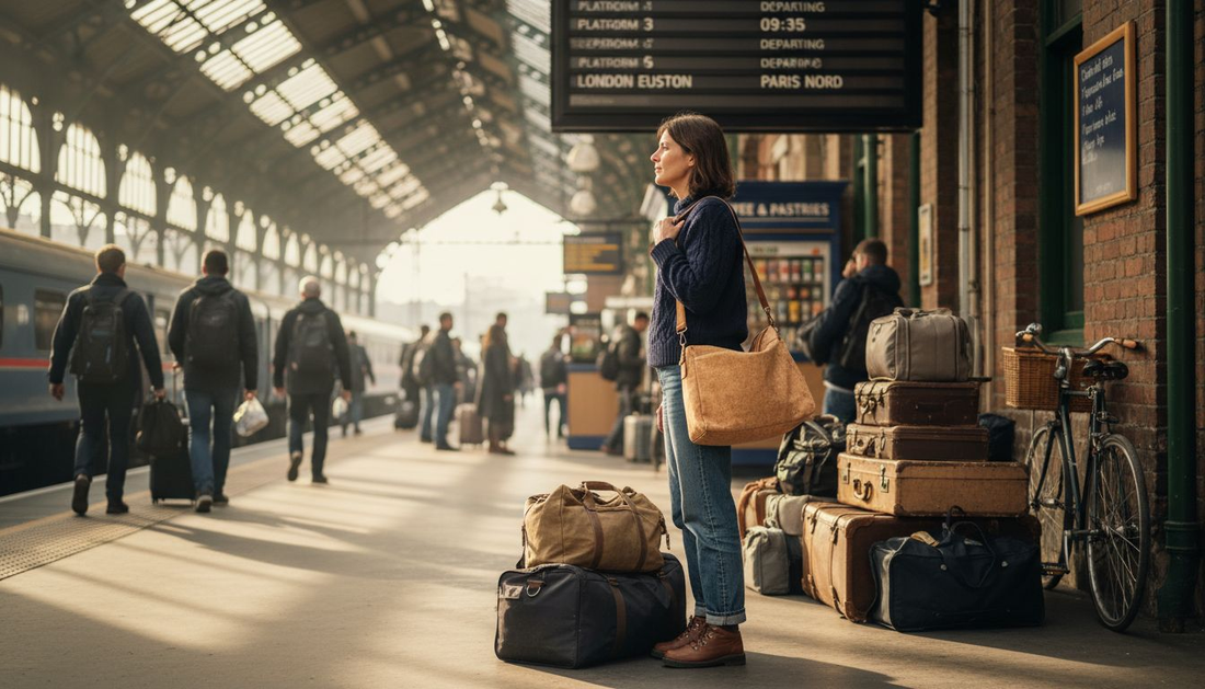 Traveler on train platform with cork bag