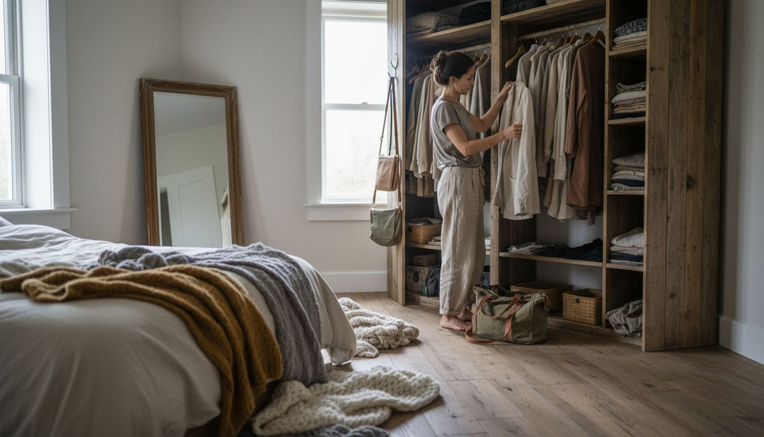 Woman sorts eco-friendly vegan wardrobe