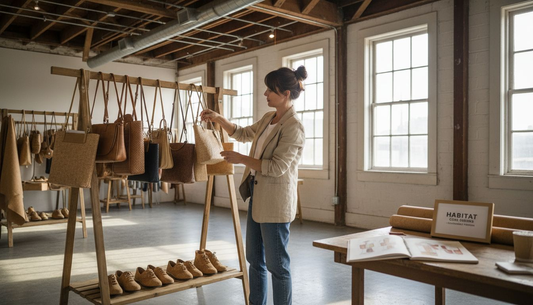Designer arranging cork fashion accessories in studio