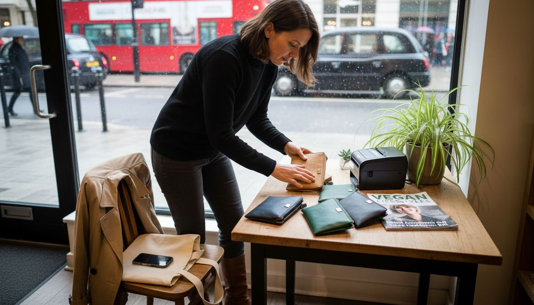 Woman browsing vegan leather purses in London shop