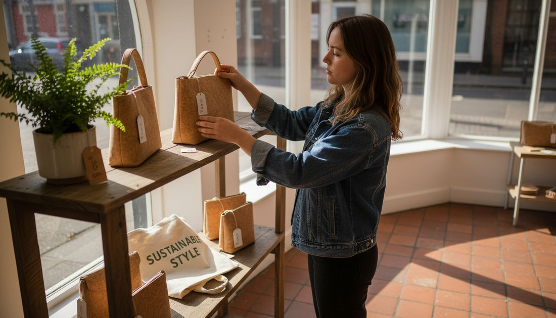 Woman arranging vegan handbags in boutique