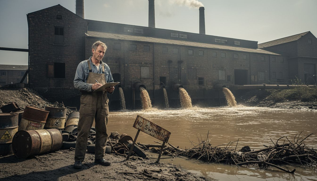 Tannery worker by polluted river water