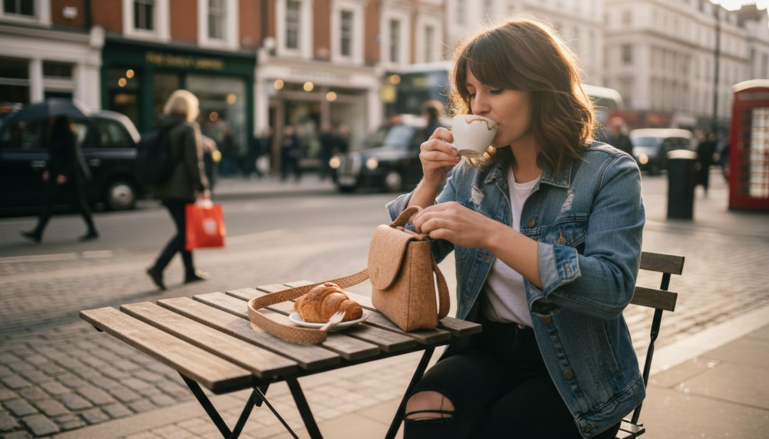 Woman with cork handbag on city street