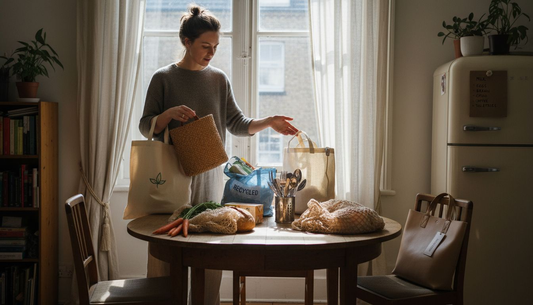 Woman sorting six types of eco bags