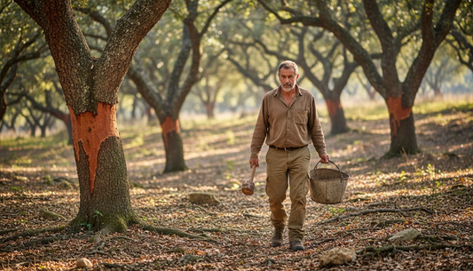 Worker harvesting cork oak in sunlit forest