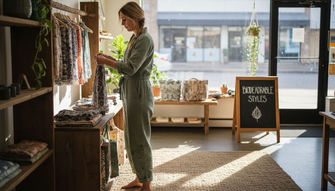 Shop manager arranging biodegradable fashion items