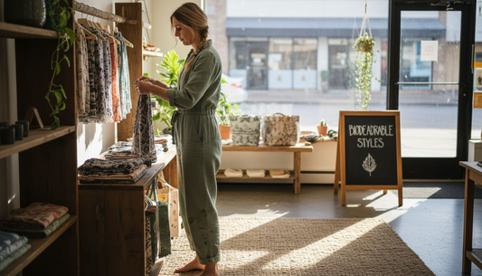 Shop manager arranging biodegradable fashion items