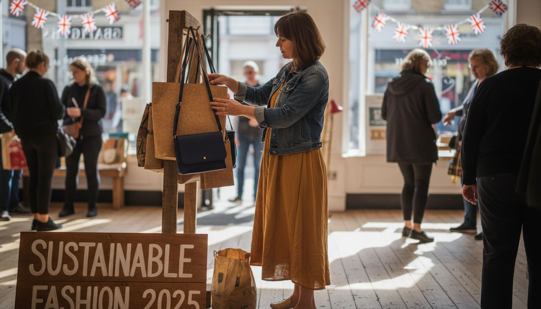 Woman browsing cork handbags in London shop