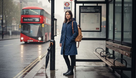 Young woman with cork backpack at London bus stop