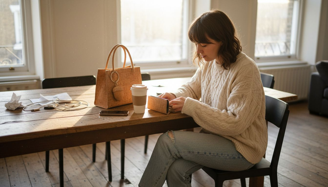 Woman arranging cork accessories on table
