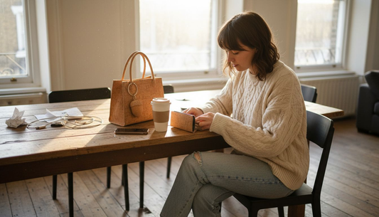 Woman arranging cork accessories on table