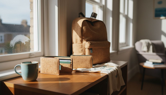 Cork accessories displayed on sunny apartment shelf