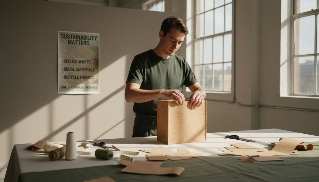 Designer making sustainable cork fashion bag