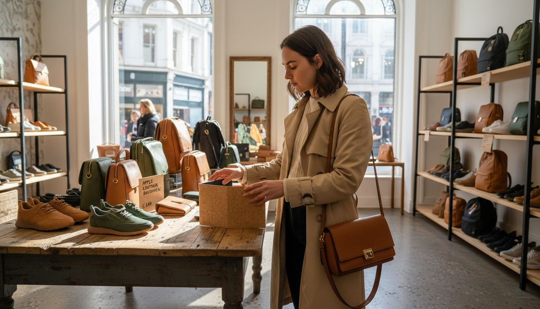Shopper browsing vegan accessories in London boutique