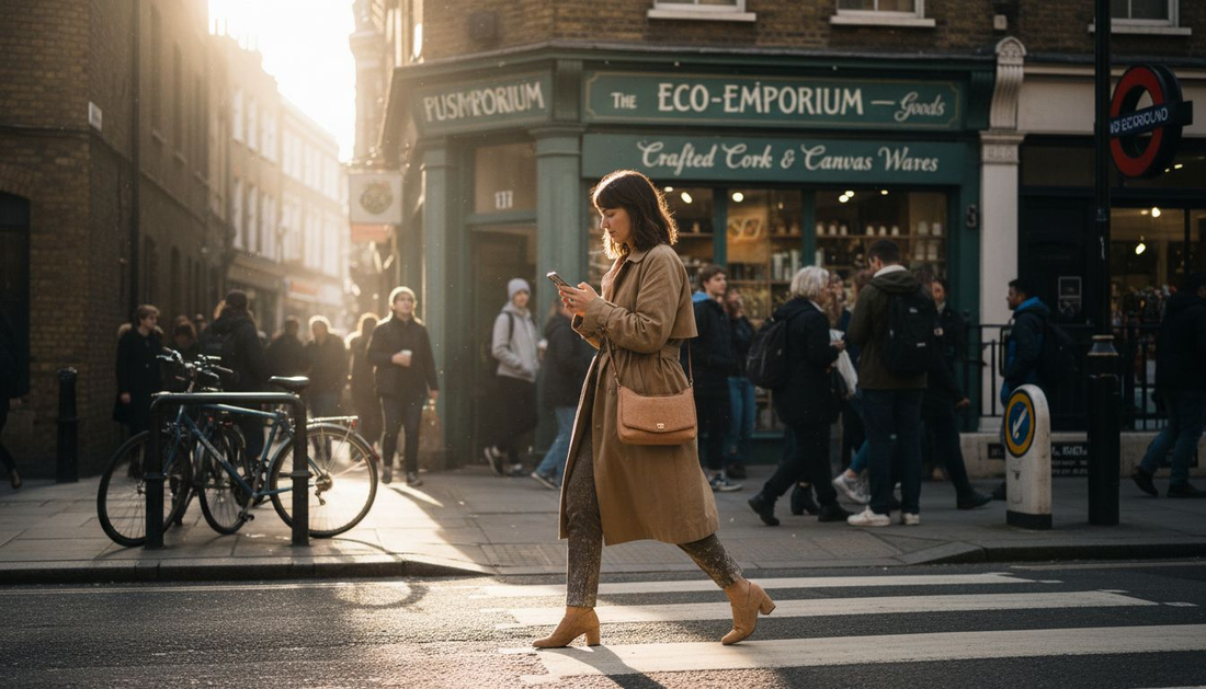 UK street scene with cork fashion accessories