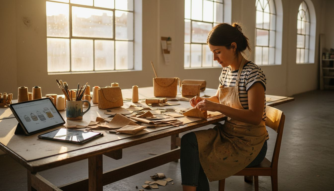 Designer working on cork accessories at studio