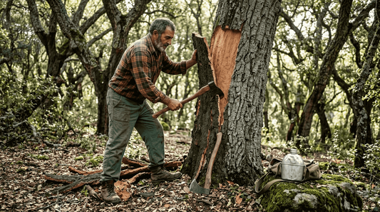 Cork harvester strips bark in Mediterranean grove