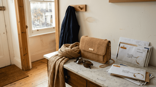 Tan cork ladies purse on entryway table