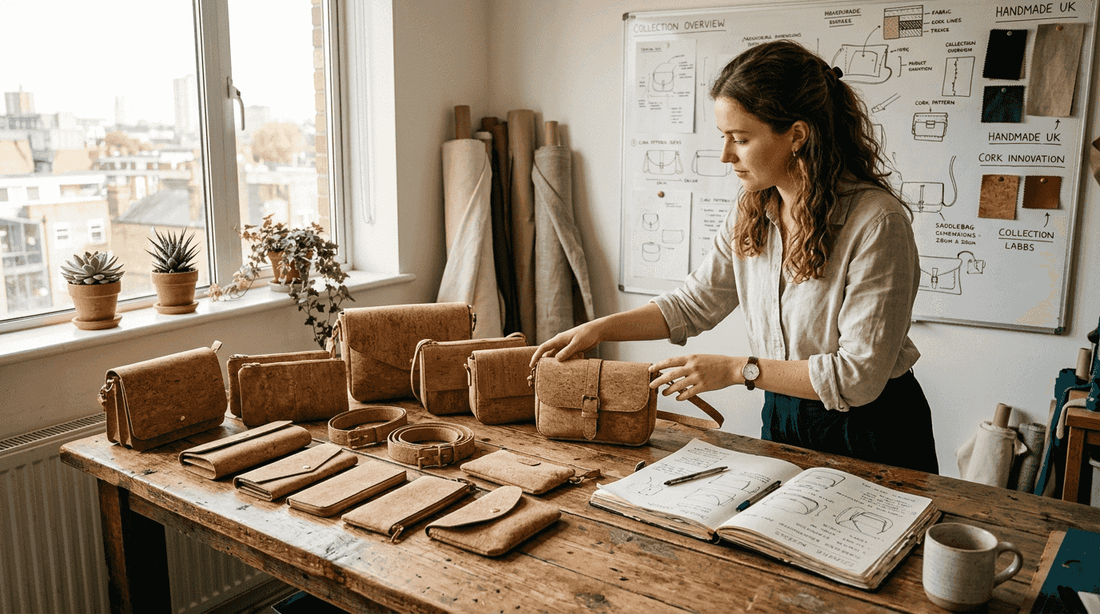 Designer arranging cork fashion accessories in studio