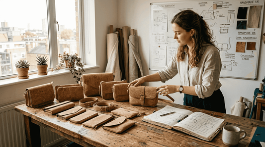 Designer arranging cork fashion accessories in studio