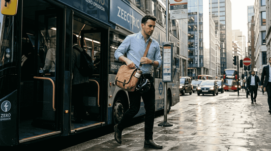 Person carrying cork messenger bag on city street