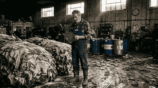 Worker inspecting raw animal hides in factory