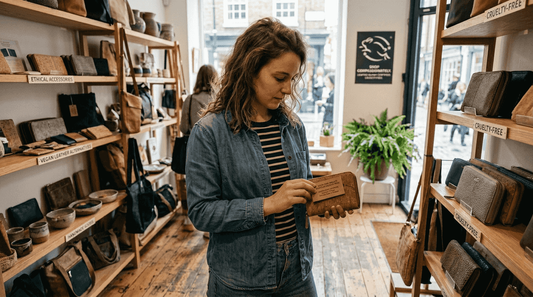 Shopper reading cruelty-free accessory label