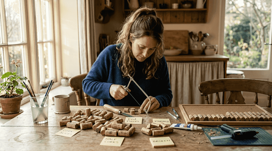 Woman preparing corks at kitchen table for upcycling