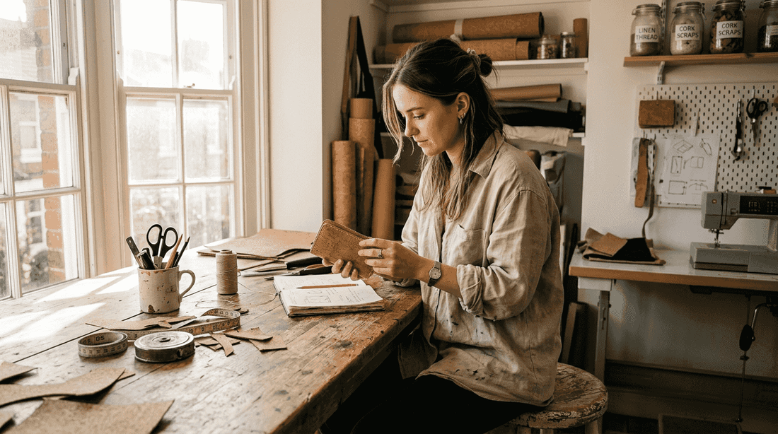 Designer examining finished cork wallet in studio
