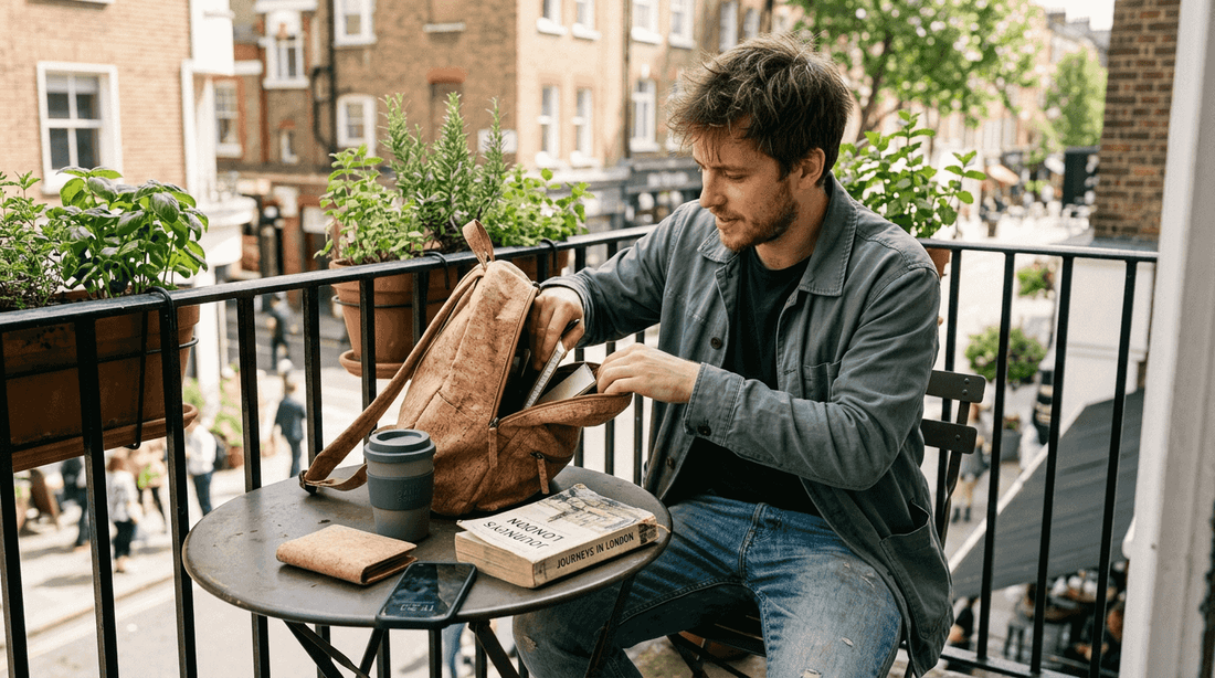 Person using cork vegan backpack and wallet