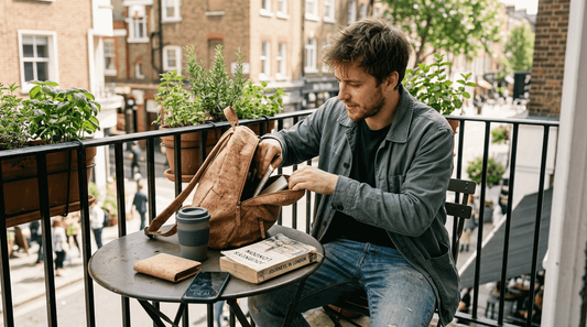 Person using cork vegan backpack and wallet