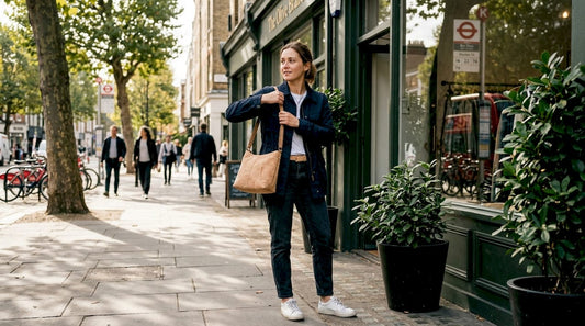 Woman adjusts cork bag outside urban boutique