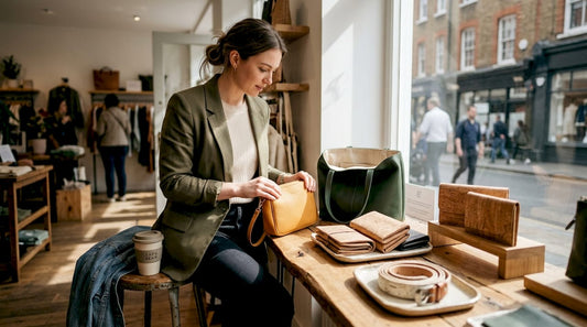 Woman browsing sustainable vegan accessories display