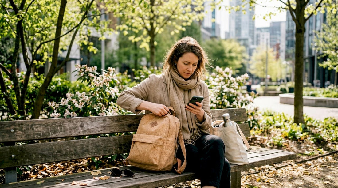 Woman adjusting cork backpack in city park