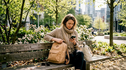 Woman adjusting cork backpack in city park