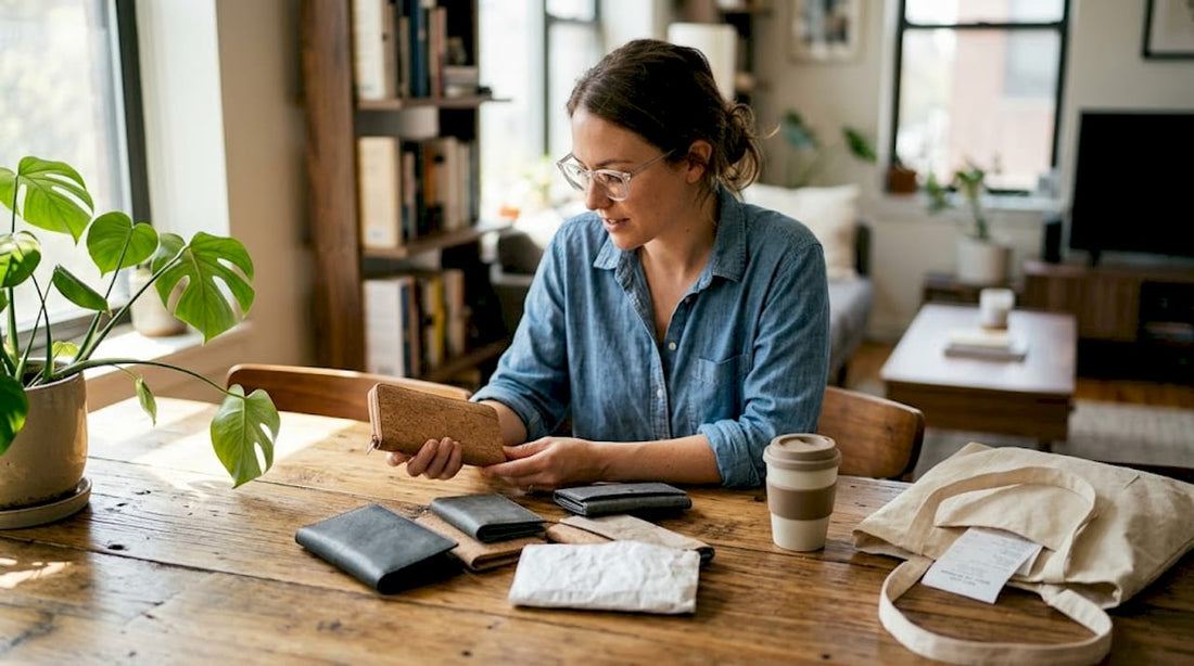 Sorting eco-friendly vegan wallets on wood table