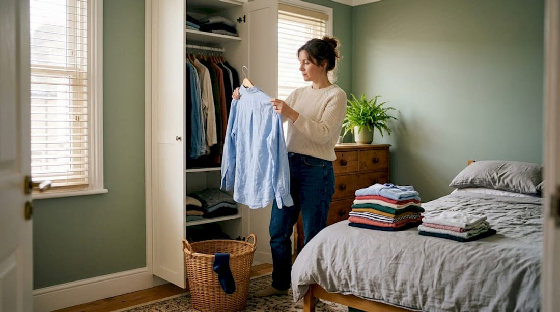 Woman sorting clothes in home wardrobe