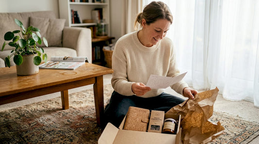 Unpacking vegan gift set in living room