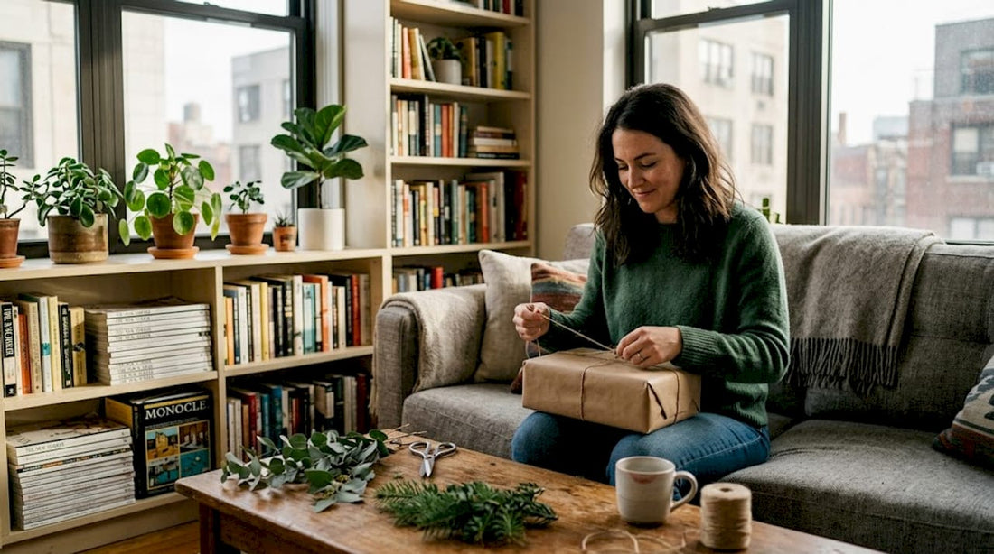 Woman wrapping a sustainable gift at home