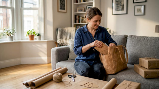 Woman packing cork wallet and tote as gifts