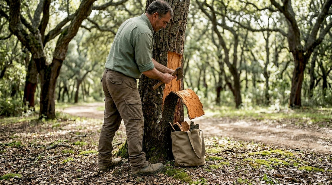 Cork harvester peeling bark in sunlit forest